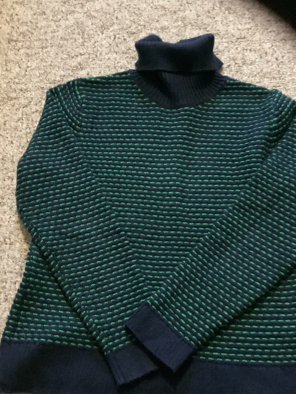 J. Crew Navy and‎ Green Striped Textured Turtleneck Sweater